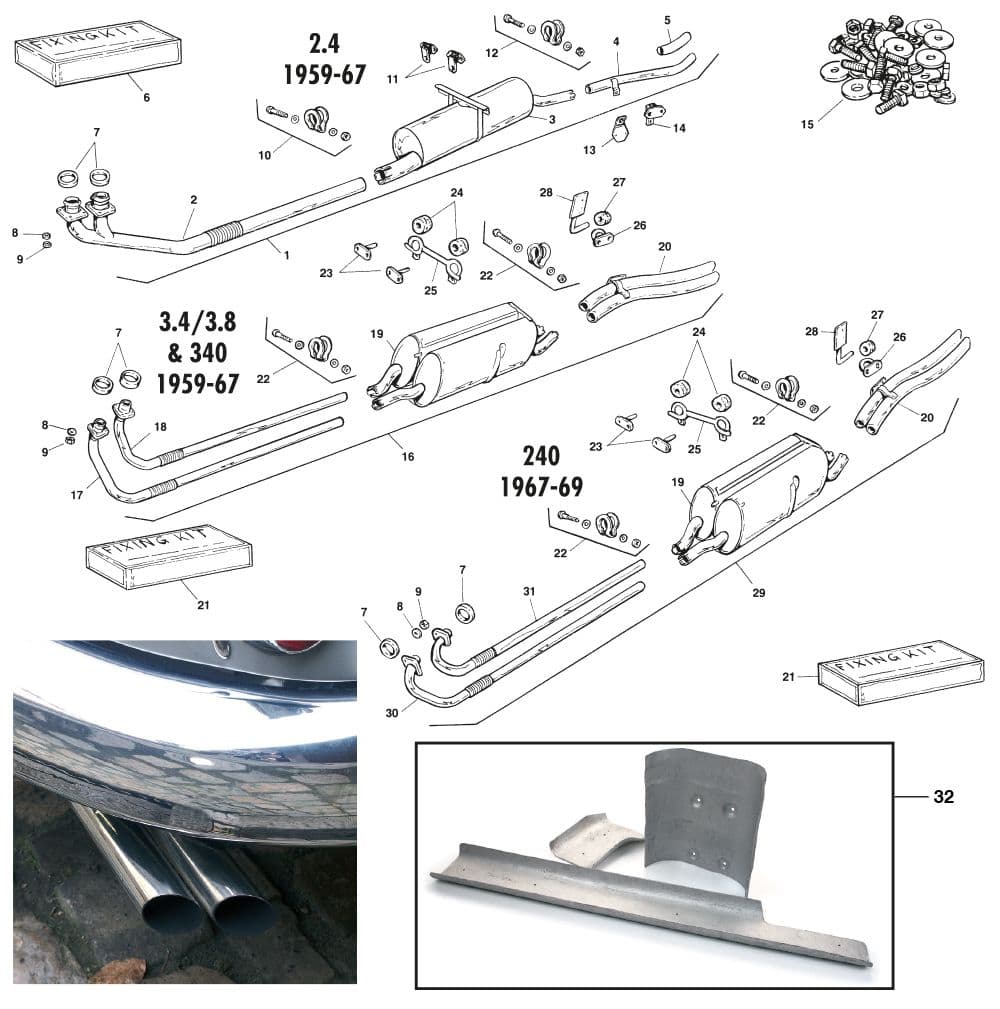 Exhaust - Exhaust system + mountings Jaguar - Exhaust & Emission systems - Jaguar MKII, 240-340 / Daimler V8 1959-'69 - Exhaust - 1