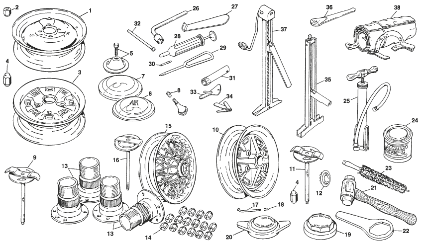 Wheel & tools - Stalen wielen - Auto wielen, ophanging & stuurinrichting - MG Midget 1964-80 - Wheel & tools - 1