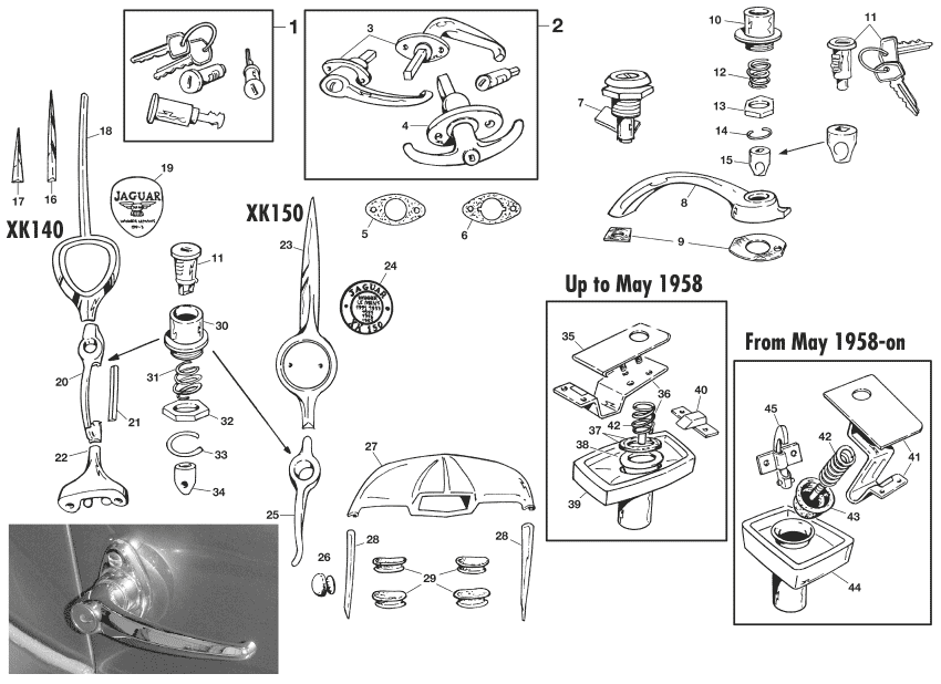 Handles & bootlid fittings - Korin kumiosat - Kori & runko - Jaguar XK120-140-150 1949-1961 - Handles & bootlid fittings - 1