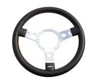 STEERING WHEEL 13 BLACK LEATHER 3 RED STITCHING - 3 SPOKE - DISHED - 400.266