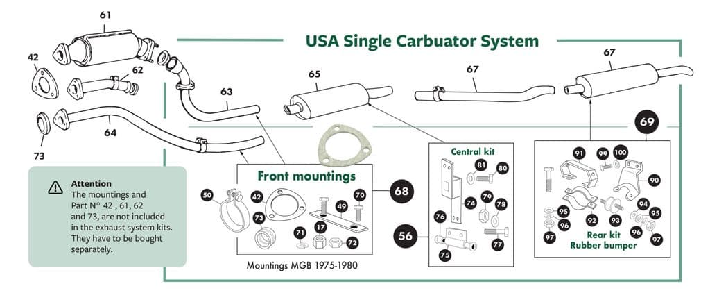 USA Single Carburator - colectores de escape - Escape y sistema de emisiones - MGB 1962-1980 - USA Single Carburator - 1