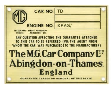 CHASSIS ID PLATE / MG T - MGTC 1945-1949