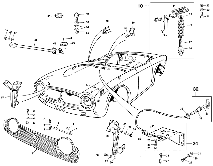 Bonnet fittings, grille TR5 - parachoques, parrilla y accesorios exterior - Carrocería y chasis - Triumph TR5-250-6 1967-'76 - Bonnet fittings, grille TR5 - 1