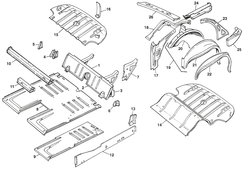 Rear end, floor, inner panels - Korin sisäpaneelit & pellit - Kori & runko - Austin-Healey Sprite 1964-80 - Rear end, floor, inner panels - 1