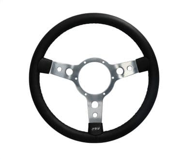 STEERING WHEEL 14 BLACK LEATHER - 3 SPOKE - DISHED - British Parts, Tools & Accessories