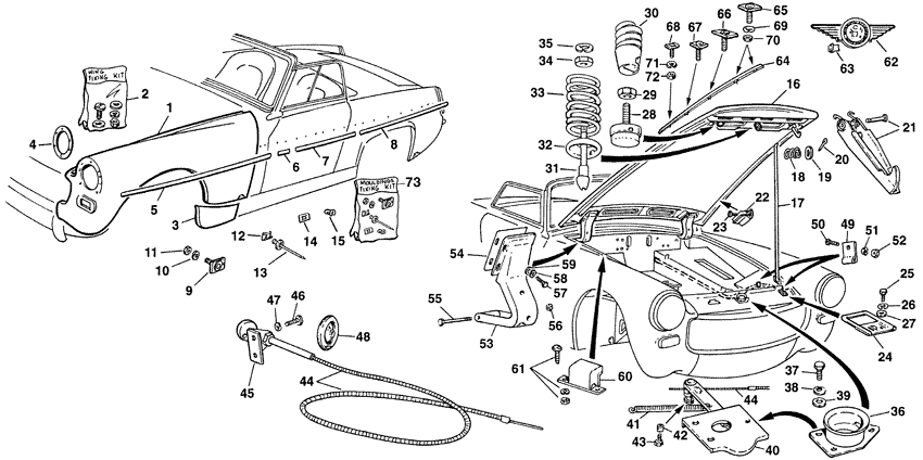 Front wing & bonnet - Motorkap, kofferdeksel en montage - Carrosserie & chassis - MG Midget 1958-1964 - Front wing & bonnet - 1