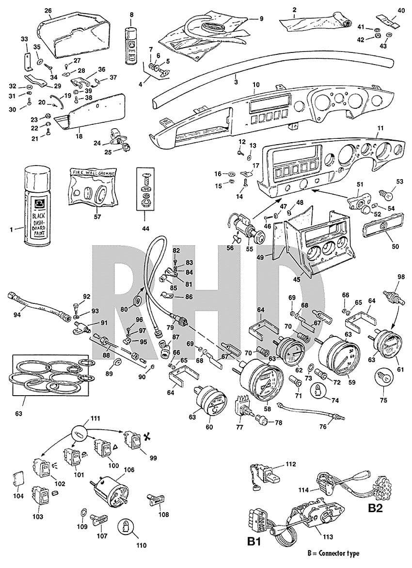 Dash LHD Eur 06/76 on - salpicaderos y componentes - Sistema eléctrico - MGB 1962-1980 - Dash LHD Eur 06/76 on - 1