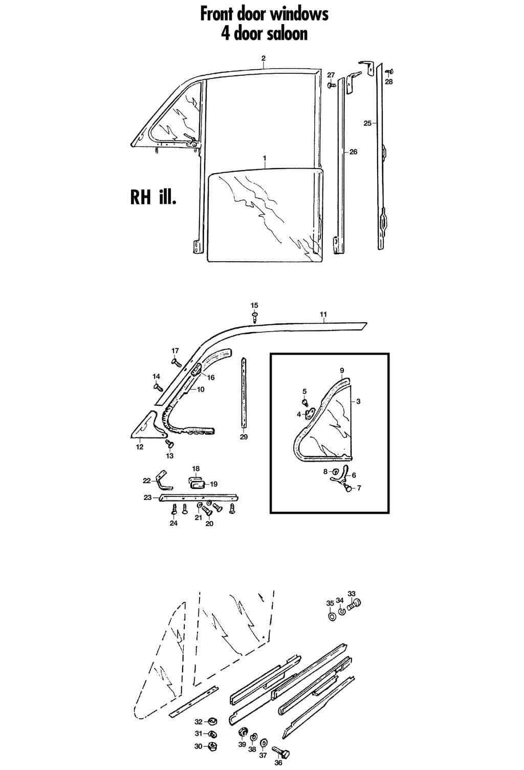 Morris Minor 1956-1971 - Side screens, quarter lights and door glass - Windows 2 door - 1