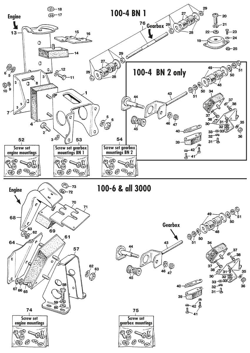 Engine & gearbox mountings - Motorfäste - Motor - Austin Healey 100-4/6 & 3000 1953-1968 - Engine & gearbox mountings - 1