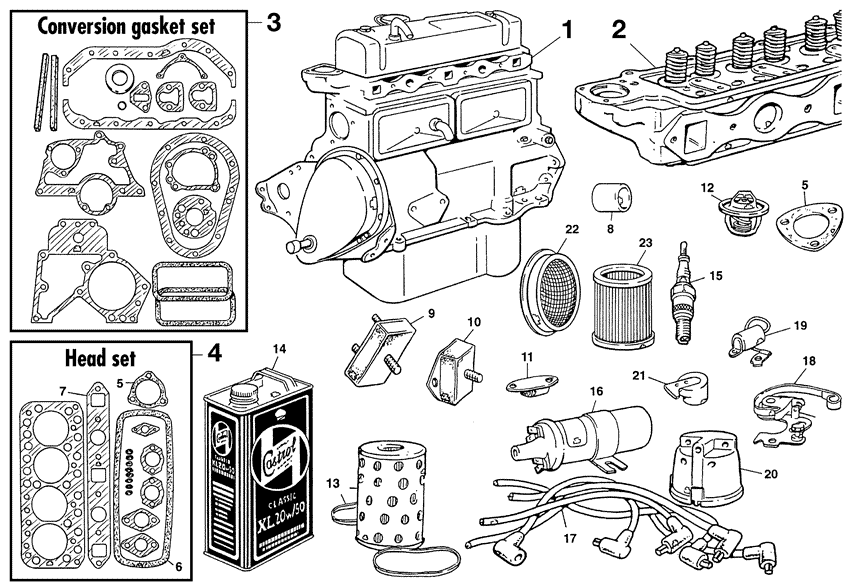 Most important parts - Viktigaste delar - Motor - Austin-Healey Sprite 1958-1964 - Most important parts - 1