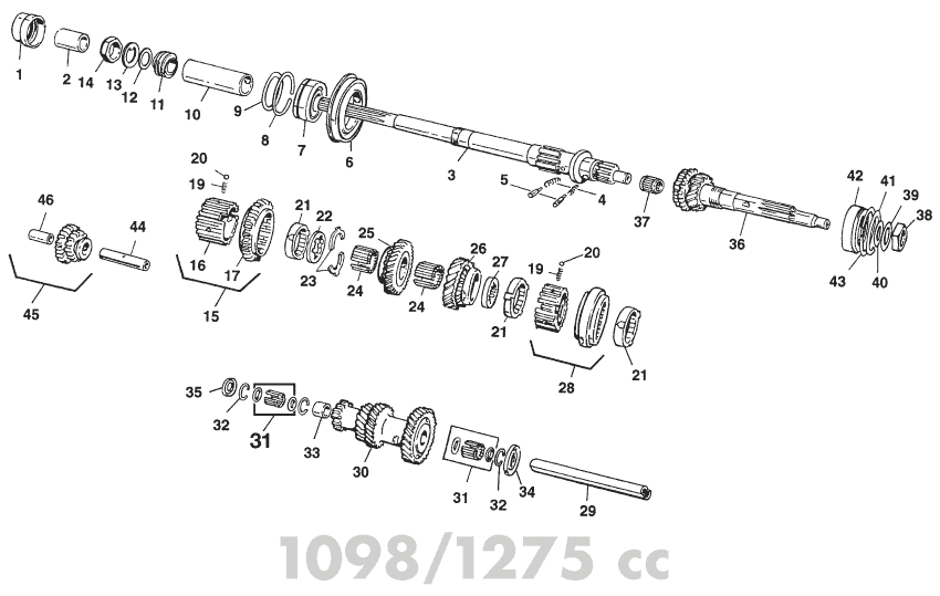 Gearbox internal 1098/1275 - Vaihteisto, manuaali - Vaihteisto, kytkin & taka-akseli - Austin-Healey Sprite 1964-80 - Gearbox internal 1098/1275 - 1