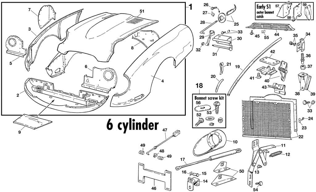 Bonnet 6 cyl - Äussere Blechteile 6 cil - Karosserie & Fahrgestell - Jaguar E-type 3.8 - 4.2 - 5.3 V12 1961-1974 - Bonnet 6 cyl - 1