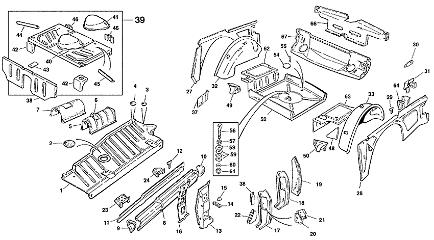 Rear, floor, inner panels TR6 - Innre karossdelar - Kaross och chassi - Triumph TR5-250-6 1967-'76 - Rear, floor, inner panels TR6 - 1