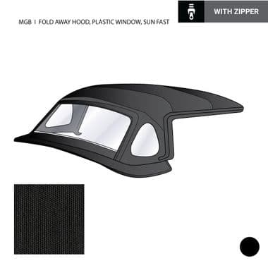 HOOD COMPLETE, PLASTIC WINDOW, WITH ZIPPER, SUN FAST, BLACK / MGB 1977-1988 - MGB 1962-1980