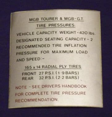 LABEL, TIRE PRESSURE / MGB - MGB 1962-1980