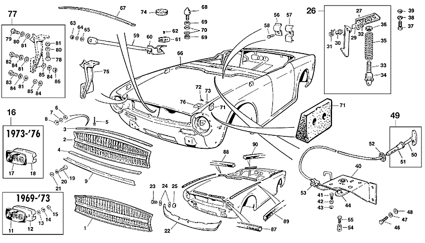 Bonnet fittings, grille TR6 - Dekaler ovh emblem - Kaross och chassi - Triumph TR5-250-6 1967-'76 - Bonnet fittings, grille TR6 - 1