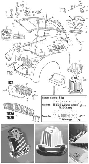 Pare-chocs, calandre et finitions exterieures - Triumph TR2-3-3A-4-4A 1953-1967 - Triumph pièces détachées - TR2-3A bonnet & fittings