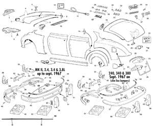Pare-chocs, calandre et finitions exterieures - Jaguar MKII, 240-340 / Daimler V8 1959-'69 - Jaguar-Daimler pièces détachées - Bonnet, boot, bumpers & chrome