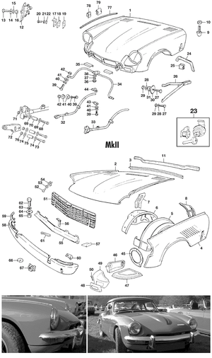 Pare-chocs, calandre et finitions exterieures - Triumph GT6 MKI-III 1966-1973 - Triumph pièces détachées - Bonnet & grille MKII