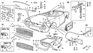 Pare-chocs, calandre et finitions exterieures - Triumph TR5-250-6 1967-'76 - Triumph pièces détachées - Bonnet fittings, grille TR6